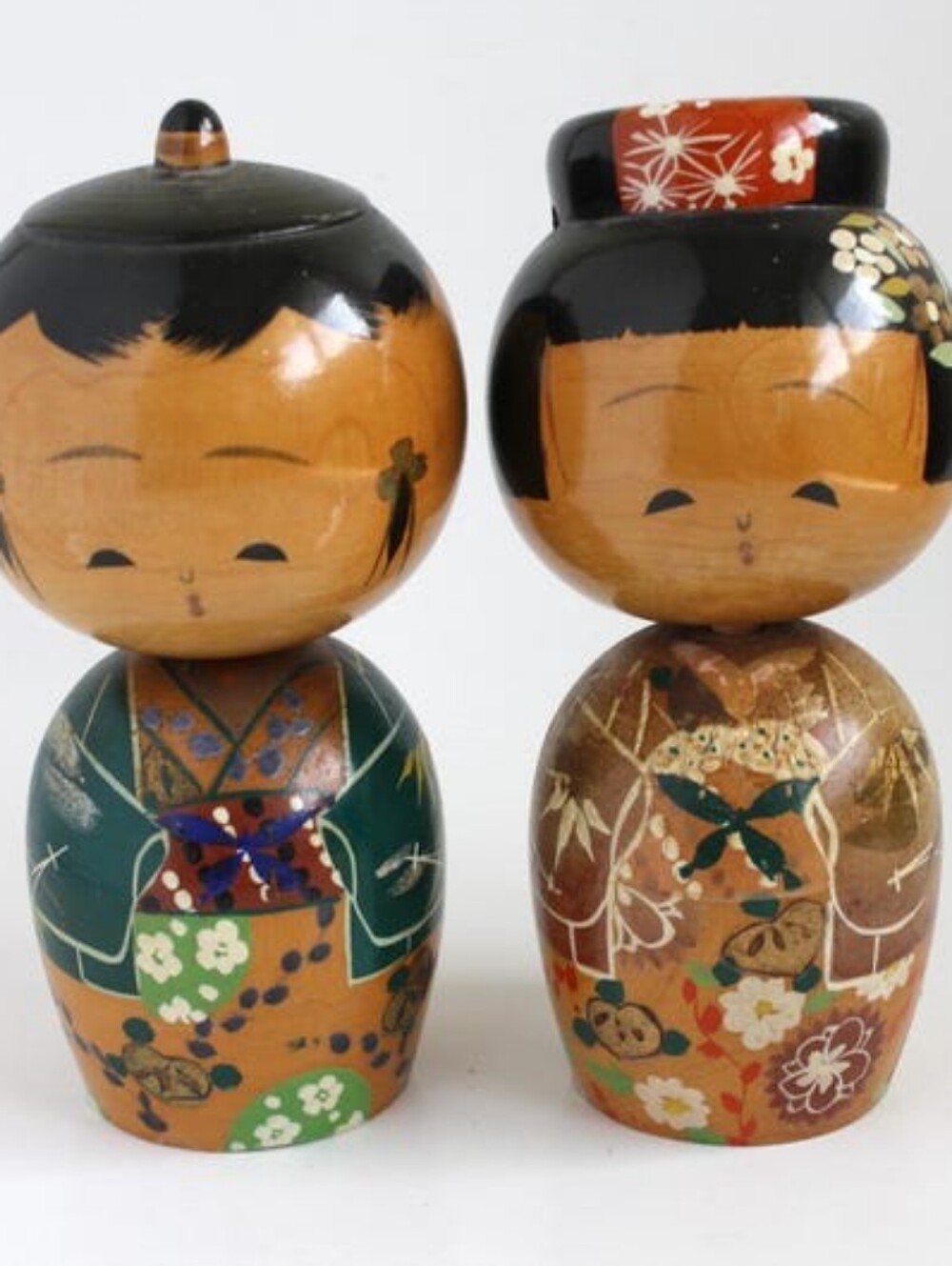 Vintage KOKESHI Doll Couple bobbleheads Hand painted Japanese Folk Art